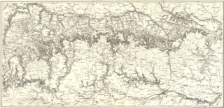 Schwarzweiße topografische Karte mit detaillierten Höhenangaben, Flüssen und Städten in einer Bergregion, beschriftet mit Ortsnamen und geografischen Merkmalen.