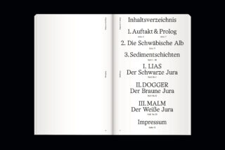 Auf einer Doppelseite ist ein Inhaltsverzeichnis in deutscher Sprache zu sehen, das Abschnitte zu geologischen Themen wie der Schwäbischen Alb, Sedimentschichten, Lias, Dogger und Malm mit Seitenzahlen auflistet.