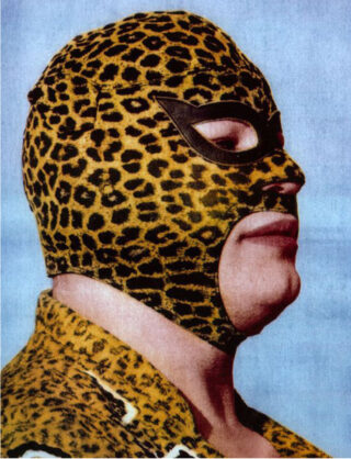 Eine Person mit einer Maske mit Leopardenmuster und passender Kleidung, im Profil vor einem schlichten hellblauen Hintergrund dargestellt.