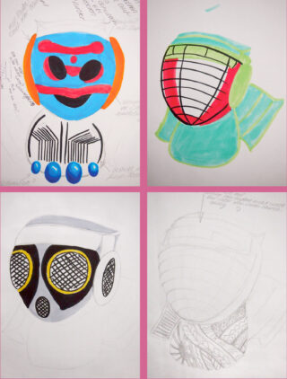 Vier Zeichnungen helmartiger Masken in verschiedenen Stadien der Fertigstellung, einige koloriert und andere teilweise auf weißem Papier skizziert.