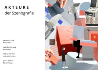 Collage aus abstrakten Architektur- und Industrieelementen mit Figuren, daneben ein Text mit Namen und Designdisziplinen in deutscher Sprache auf weißem Hintergrund.