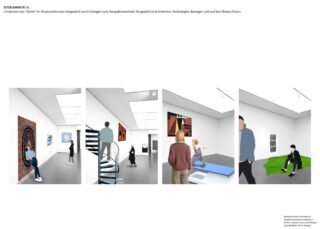 Vierteilige Illustration, die Menschen zeigt, die sich mit verschiedenen Exponaten in einer modernen Kunstgalerie beschäftigen. Sie umfasst einen Wandteppich, eine Wendeltreppe, eine blaue Bank und grünen Kunstrasen.