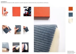 Verschiedene Bilder zeigen orange lackiertes MDF, blau geripptes Textil und Schaumstoff und veranschaulichen Materialien und ihre Texturen für ein Designprojekt.