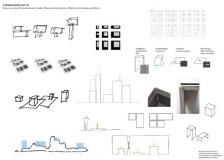Eine Collage aus Architekturskizzen, Diagrammen, Blockmodellen und detaillierten Nahaufnahmen, die Designkonzepte veranschaulichen, die sich auf Asymmetrie, Schichtung und Höhenvariation konzentrieren.