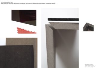 Nahaufnahme einer Collage aus MDF-Platten, schwarzem glänzendem Plexiglas, transparentem Plexiglas und einem roten Stoffmuster in minimalistischer, weißer Umgebung.