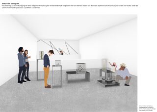 Fünf Personen betrachten abstrakte geometrische Skulpturen auf Sockeln in einer minimalistischen weißen Galerie mit moderner Kunst an den Wänden.