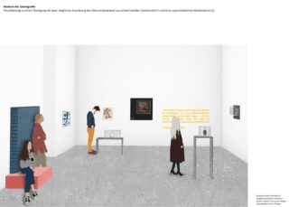 Vier Personen betrachten verschiedene Kunstwerke und Installationen, die an den Wänden und auf dem Boden eines modernen, minimalistischen Galerieraums ausgestellt sind.