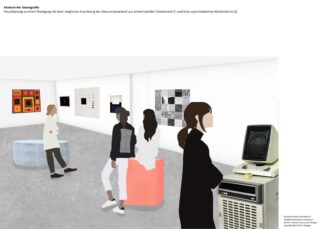 Eine Gruppe von Menschen betrachtet abstrakte Kunst und einen alten Computer, die in einem modernen, minimalistischen Galerieraum ausgestellt sind.