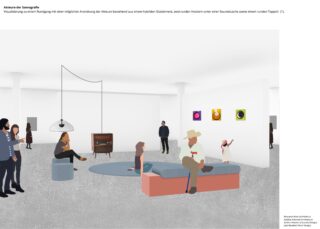 Die Menschen haben sich in einem modernen, minimalistischen Galerieraum mit weißen Wänden, Kunstwerken, Sitzgelegenheiten und einem Vintage-Fernseher versammelt; einige sitzen, andere stehen und beobachten.