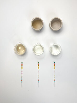 Drei kleine Becher mit klarer Flüssigkeit und drei Schalen sind in einer Reihe angeordnet. Unter ihnen befindet sich jeweils ein pH-Teststreifen in verschiedenen Farben auf weißem Hintergrund.