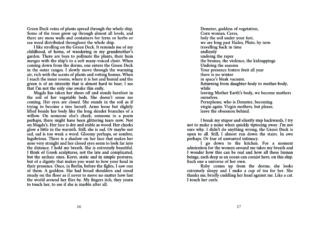 Zwei Textseiten aus einem Buch mit Prosa über Pflanzen, Kindheitserinnerungen und mythologischen Bezügen zu Demeter und Persephone.