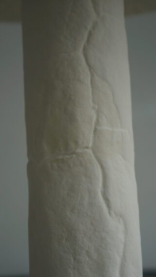 Eine Nahaufnahme einer strukturierten, zylindrischen weißen Oberfläche mit sichtbaren Rissen und vertikal verlaufenden Linien.