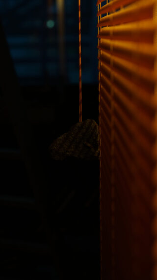 Eine Nahaufnahme orangefarbener Jalousien mit sichtbarem Streifenkabel; durch den schwach beleuchteten Hintergrund ist teilweise ein strukturiertes Objekt zu sehen.