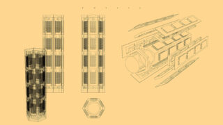 Technische Strichzeichnungen einer geometrischen, modularen Struktur mit der Bezeichnung „FOSSIL“, dargestellt aus mehreren Winkeln, darunter Draufsicht, Seitenansicht, Schnittansicht und Explosionsansicht auf beigem Hintergrund.