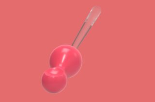 Vor einem durchgehend roten Hintergrund ist eine rote Gummiballspritze mit einer durchsichtigen Pipette aus Glas oder Kunststoff abgebildet.