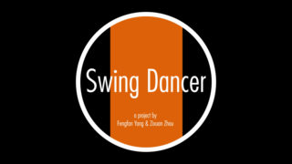 Auf einem kreisförmigen Logo mit einem orangefarbenen vertikalen Streifen steht auf schwarzem Hintergrund „Swing Dancer“ und darunter „ein Projekt von Fengfan Yang & Zixuan Zhou“.
