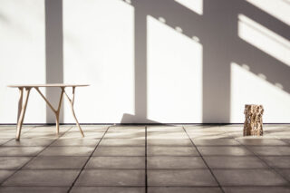 Eine minimalistische Szene mit einem hellen Holztisch und einem kleinen Baumstumpf auf einem gefliesten Boden, mit Sonnenlicht und Fensterschatten, die auf eine weiße Wand fallen.