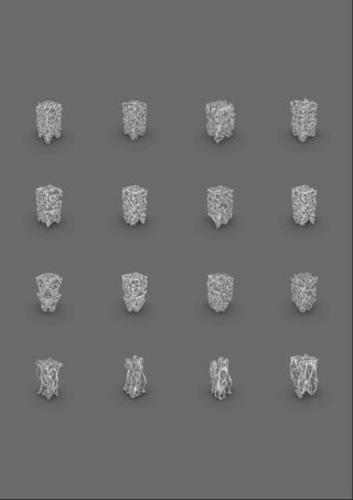 Fünfzehn kleine, abstrakte, würfelartige Drahtgitterstrukturen sind in einem 4x4-Raster auf einem einfachen grauen Hintergrund angeordnet, wobei der untere rechte Bereich leer gelassen wird.