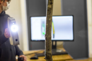 Eine Person scannt einen Ast mit einem tragbaren 3D-Scanner; im Hintergrund ist ein Computermonitor mit unscharfem Bildschirm zu sehen.