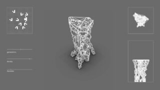 In der Mitte steht eine komplexe weiße 3D-Drahtgitterstruktur auf einem grauen Hintergrund, mit kleinen Diagrammen und Schiebereglern mit den Bezeichnungen „Generationen“, „Dichte“ und „Durchmesser“ auf der linken und rechten Seite.