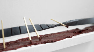 Eine Reihe Streichhölzer steckt aufrecht in einer rötlichen, tonartigen Substanz unter einem segmentierten, dunklen, gebogenen Objekt auf einer weißen Oberfläche.