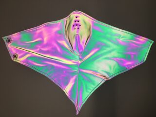 Eine reflektierende, schillernde Gesichtsmaske mit Belüftungslöchern und Druckknöpfen, flach vor einem schlichten Hintergrund.