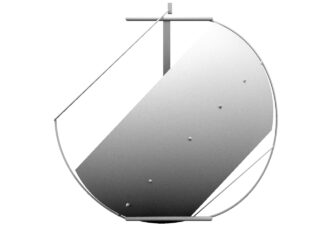 Eine kreisförmige abstrakte Skulptur mit einem großen diagonalen Balken, kleinen runden Vorsprüngen und dünnen Stäben, die einen Teilrahmen um den Rand bilden.