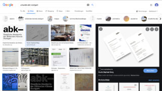 Screenshot einer Google-Bildersuche nach „urkunde abk stuttgart“, der verschiedene Zertifikats- und Dokumentbilder im Zusammenhang mit der Staatlichen Akademie der Bildenden Künste Stuttgart zeigt.