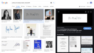 Screenshot der Google-Bildersuchergebnisse für „Professorin Barbara Bader Unterschrift“, der Fotos, Dokumente und digitale Signaturen im Zusammenhang mit Barbara Bader zeigt.