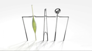 Vier moderne Küchenutensilien, darunter ein Schneebesen, ein Stößel, eine Zange und ein Schäler, werden aufrecht vor einem schlichten weißen Hintergrund präsentiert.