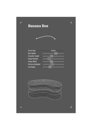 Ein Diagramm mit dem Titel „Bananenschachtel“ zeigt einstellbare Parameter für das Schachteldesign, darunter Kurventyp, Schachtelhöhe, Fasenhöhe, Streifenanzahl, Streifenbreite, Oberflächenmultiplikator und Deckelhöhe.