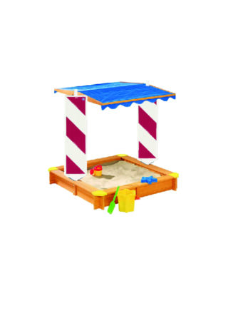 Ein mit Sand gefüllter Holzsandkasten mit blauem Baldachindach, rot-weiß gestreiften Stützen und mehreren Sandspielzeugen aus Kunststoff.