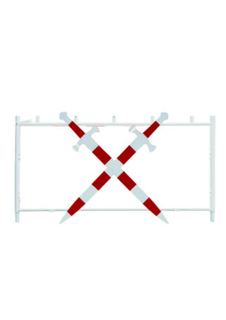 Ein weißer rechteckiger Rahmen mit zwei großen rot-weiß gestreiften Schwertern, die in der Mitte gekreuzt sind.