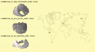 Links sind drei 3D-Formationen mit den Bezeichnungen Stuttgart, Quito und Jakutsk dargestellt, die entsprechenden Standorte sind auf der Weltkarte rechts mit den Nummern 01, 02 und 03 markiert.
