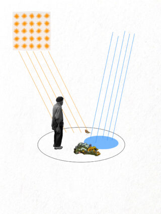 Eine Person steht in einem Kreis mit Strahlen aus einem orangefarbenen Gitter und einem blauen Pool und beobachtet einen Haufen Gemüse auf dem Boden.