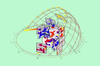 Ein 3D-Diagramm mit sich kreuzenden farbigen Feldern, einem kuppelförmigen Raster und gelben Punkten, angezeigt auf einem hellgrünen Hintergrund mit Kompassrichtungen um die Basis.