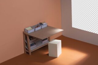 An einer hellbraunen Wand steht ein minimalistischer Schreibtisch mit Organizern, Papieren und Büchern; neben einem Fenster mit transparentem Schachbrettmuster dient ein heller Würfel als Sitzgelegenheit.