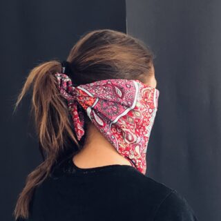 Eine Person mit braunem Haar zu einem Pferdeschwanz trägt ein rot gemustertes Bandana, das die untere Hälfte ihres Gesichts bedeckt, und steht vor einem dunklen Hintergrund.