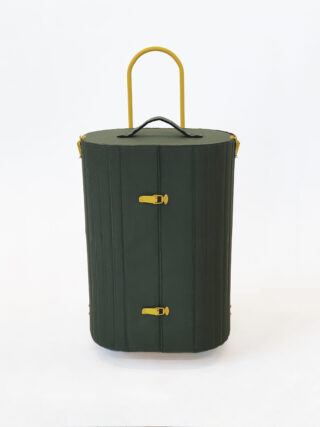 Ein grüner, ovaler Koffer mit gelbem Griff und Verschlüssen, der aufrecht auf einem weißen Hintergrund steht.