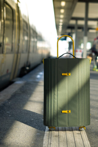Ein großer grüner Koffer mit gelben Griffen und Riegeln steht auf einem Bahnsteig neben einem stehenden Zug.