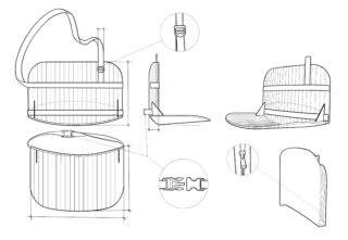 Technische Strichzeichnung einer Tasche mit Riemen, aus mehreren Winkeln und Querschnitten dargestellt, wobei die Schnallen- und Reißverschlussdetails in kreisförmigen Einschüben hervorgehoben werden.
