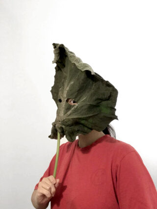 Eine Person in einem roten Hemd hält vor einem schlichten weißen Hintergrund ein großes Blatt mit ausgeschnittenen Augenlöchern vor ihrem Gesicht, das einer Maske ähnelt.