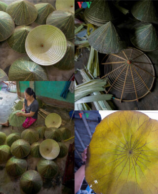 Verschiedene Phasen der Herstellung traditioneller vietnamesischer Hüte aus grünen Blättern, einschließlich Rohmaterialien, Rahmen, Zusammenbau und eine Nahaufnahme eines fertigen Hutes.