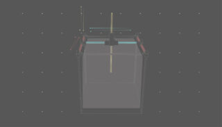 3D-Rendering eines kubischen Rahmens mit Schienen, Stangen und mechanischen Komponenten, der möglicherweise einen 3D-Drucker oder eine CNC-Maschine auf einem dunklen Hintergrund mit Gitterpunkten darstellt.