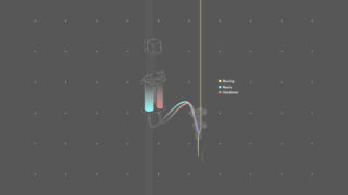 Diagramm, das ein Harzinfusionssystem mit beschrifteten Strömen für Roving, Harz und Härter zeigt, das mit einem Gerät auf einer vertikalen Struktur verbunden ist.