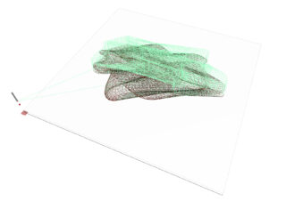 Auf einem weißen Hintergrund wird eine dreidimensionale Drahtgitterform in Schwarz und Grün angezeigt, wobei Projektionslinien von einer Ecke zur Mitte der Form verlaufen.