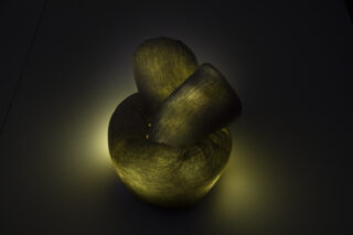 Eine weiche, abstrakte, knotenförmige Skulptur strahlt ein gelbes Leuchten aus und beleuchtet die dunkle umgebende Oberfläche.