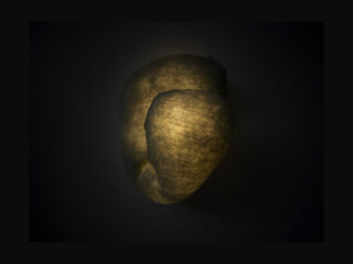 Ein sanft leuchtendes, strukturiertes Objekt wird vor einem dunklen Hintergrund beleuchtet, wodurch ein subtiler Farbverlauf aus Licht und Schatten entsteht.