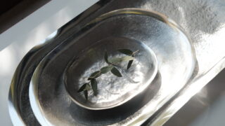 Ein Zweig mit grünen Blättern liegt auf einer kleinen, strukturierten Silberschale, die in einem größeren, ovalen Silbertablett auf einer weißen Oberfläche steht.