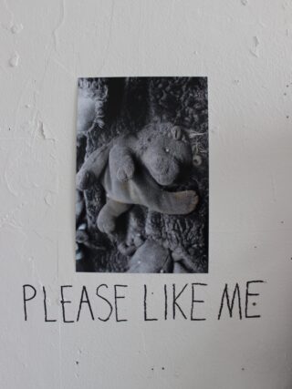 An einer weißen Wand ist das Foto eines abgenutzten Stofftiers aufgeklebt, über dem handgeschriebenen Text „BITTE MÖGEN SIE MICH.“.